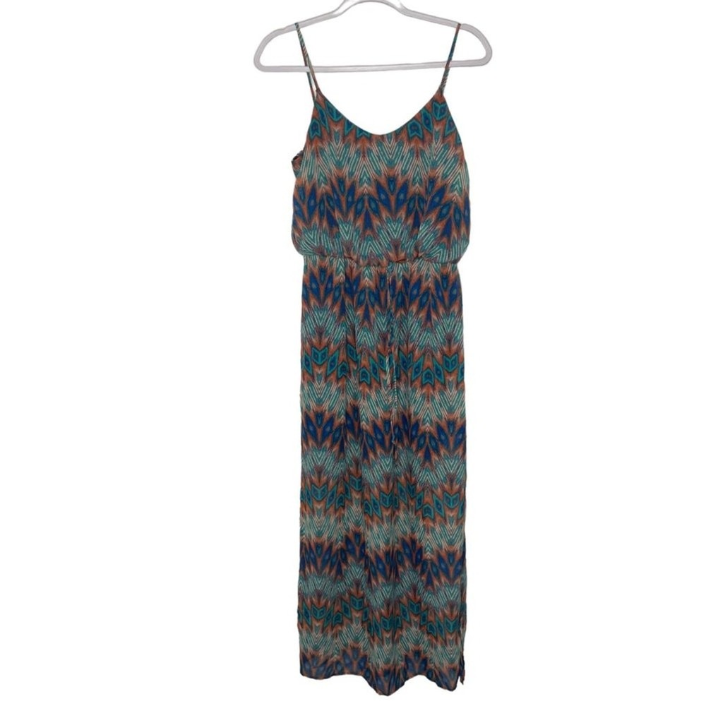 City Triangles Blue Orange Ikat Chevron Maxi Dress Spaghetti Strap Medium